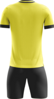 a yellow soccer jersey with black shorts back view png