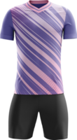 a purple soccer jersey with black shorts png