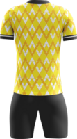 a yellow soccer jersey with black shorts back view png