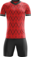 uma futebol uniforme com vermelho e Preto xadrez padronizar Visão frente png