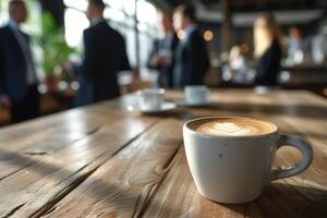 ai generado negocio personas en pie alrededor un mesa con café foto