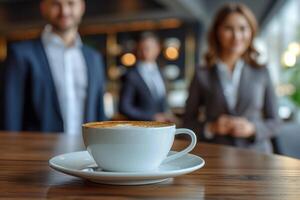 ai generado negocio personas en pie alrededor un mesa con café foto