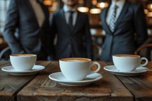 ai generado negocio personas en pie alrededor un mesa con café foto