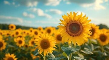 AI generated Golden sunflower on field and blue sky stock photo