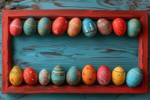 AI generated Colorful wooden easter eggs make up a frame photo