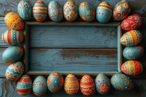 AI generated Colorful wooden easter eggs make up a frame photo