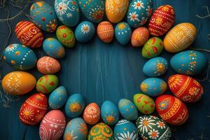 AI generated Colorful wooden easter eggs make up a frame photo