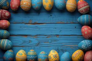 AI generated Colorful wooden easter eggs make up a frame photo