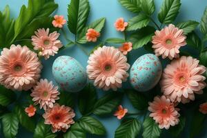 ai generado Pascua de Resurrección huevos, flor, y hojas en un azul antecedentes foto