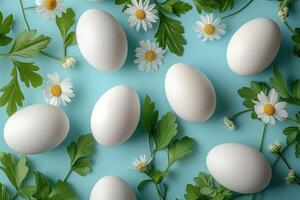 ai generado Pascua de Resurrección huevos, flor, y hojas en un azul antecedentes foto