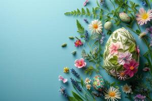 AI generated Easter eggs, flower, and leaves on a blue background photo