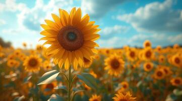 AI generated Golden sunflower on field and blue sky stock photo