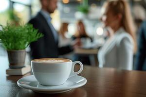 AI generated Business people standing around a table with coffee photo