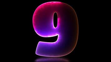 Glowing looping numbers 9 neon effect, black background. video