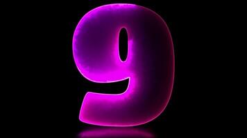 Glowing looping numbers 9 neon effect, black background. video