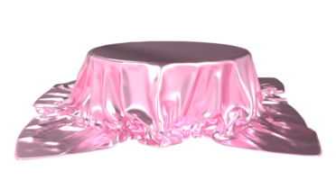 Pink podium pedestal on luxury satin. Pedestal or place for a product covered with silk. Podium covered pink silk fabric. 3D rendering png