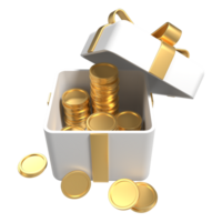 3D open gift box with golden coins and ribbon. Money prize reward. Earn point and get rewards. 3D rendering png