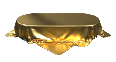 oro podio pedestal en lujo satín. pedestal o sitio para un producto cubierto con seda. podio cubierto oro seda tela. 3d representación png