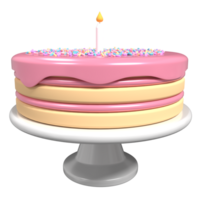 Cute birthday cake 3d rendering. Birthday cake with candle. Cute pink cake with candle and sprinkles. Pink cake and stand png