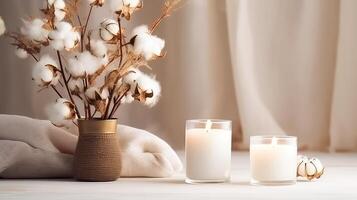 ai generado ardiente velas y algodón flores en blanco de madera mesa en habitación. foto