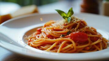 ai generado espaguetis con tomate salsa y parmesano queso en blanco plato foto
