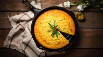 AI generated Cornbread in a cast-iron pan on a wooden background. photo