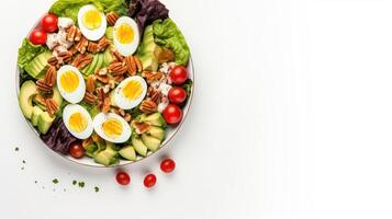 AI generated Fresh salad with chicken and vegetables isolated on white background photo