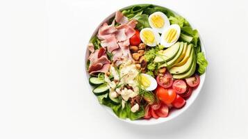 AI generated Healthy salad with quail eggs, avocado, cherry tomatoes and pecan nuts on white background photo
