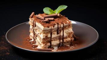 ai generado Tiramisu pastel con chocolate y menta en un oscuro antecedentes foto