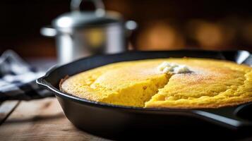 AI generated Cornbread in a cast-iron pan on a wooden table. photo