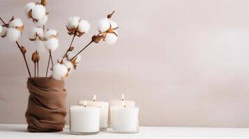 ai generado ardiente velas y algodón flores en blanco de madera mesa en habitación. foto