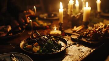 ai generado mesa servido para Navidad cena en el oscuro. selectivo enfocar. foto
