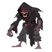 ai generato un illustrazione di un' terrificante vestito di nero scheletrico figura con raggiante rosso occhi png