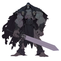 AI generated An illustration of a giant monster with a skull-faced, dressed in black, wielding a large sword png