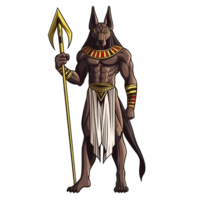 AI generated An illustration of Anubis holding a sharp golden weapon with a sharp gaze png