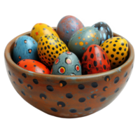 AI generated Enchanted easter, intricately painted eggs nestled in a carved wooden bowl. Generative AI png