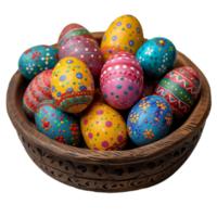 ai gegenereerd betoverd Pasen, ingewikkeld geschilderd eieren genesteld in een gesneden houten schaal. generatief ai png