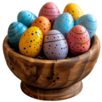 AI generated Enchanted easter, intricately painted eggs nestled in a carved wooden bowl. Generative AI png