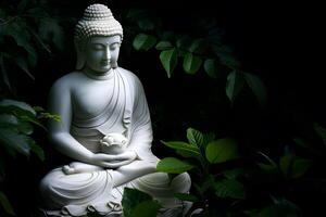 AI generated Meditating marble Buddha among green leaves photo