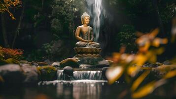 ai generado meditando Buda estatua a hermosa cascada en el selva foto