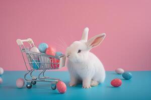 ai generado linda conejo, vistoso pintado Pascua de Resurrección huevos y un compras carretilla. concepto de contento Pascua de Resurrección día. foto