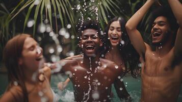 AI generated Friends having party and dancing in a swimming pool. photo
