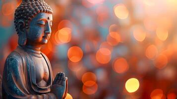 ai generado meditando zen Buda estatua con antecedentes de bokeh foto