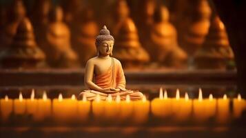 AI generated Meditating Buddha statue with candles photo