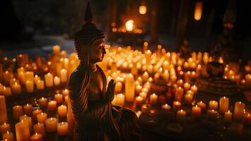AI generated Meditating Buddha statue with candles photo