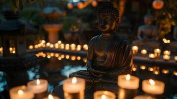 AI generated Meditating Buddha statue with candles photo