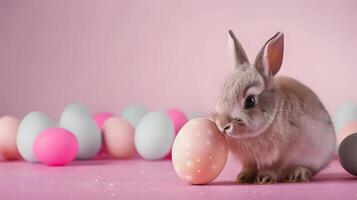 AI generated Cute rabbit and easter eggs. Concept of happy easter day. photo