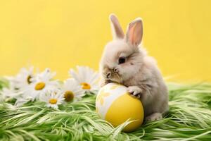 AI generated Cute bunny rabbit, easter egg and flowers. Concept of happy easter day. photo