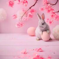 AI generated Cute rabbit, easter eggs and flowers. Concept and idea of happy easter day. photo