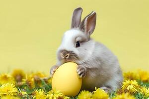 ai generado linda conejito conejo, Pascua de Resurrección huevo y flores concepto de contento Pascua de Resurrección día. foto